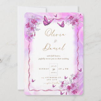 Invitation Fleurs roses avec papillons Mariage