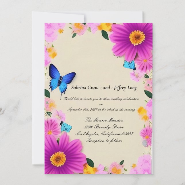 Invitation Fleurs roses avec papillons Mariage (Devant)