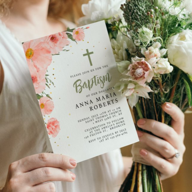 Invitation Fleurs roses Baptême (Créateur téléchargé)