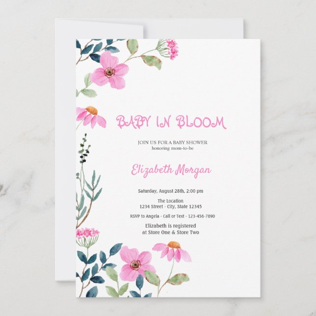 Invitation Fleurs roses bébé en fleurs  Baby Shower (Devant)