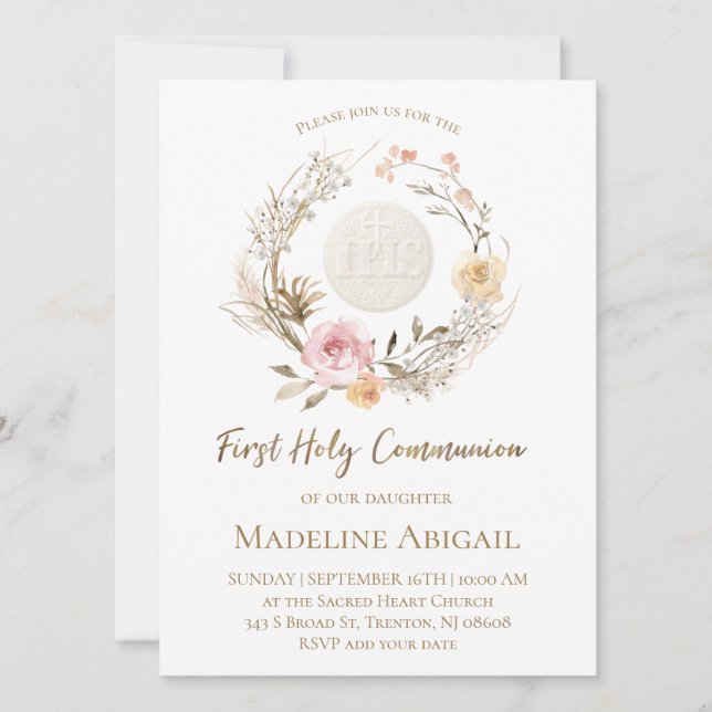 Invitation fleurs roses beige Eucharistie Première Communion (Devant)