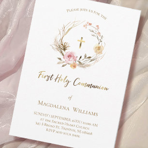 Invitation fleurs roses beiges   Première Sainte Communion