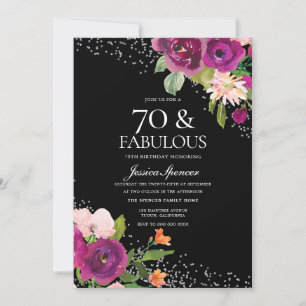 Invitation Fleurs roses Black Silver 70e fête d'anniversaire