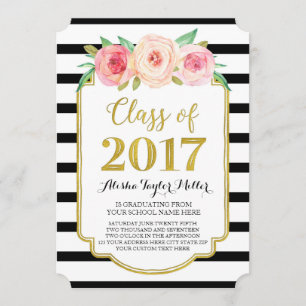 Invitation Fleurs roses Black Stripes Gold Photo Graduation