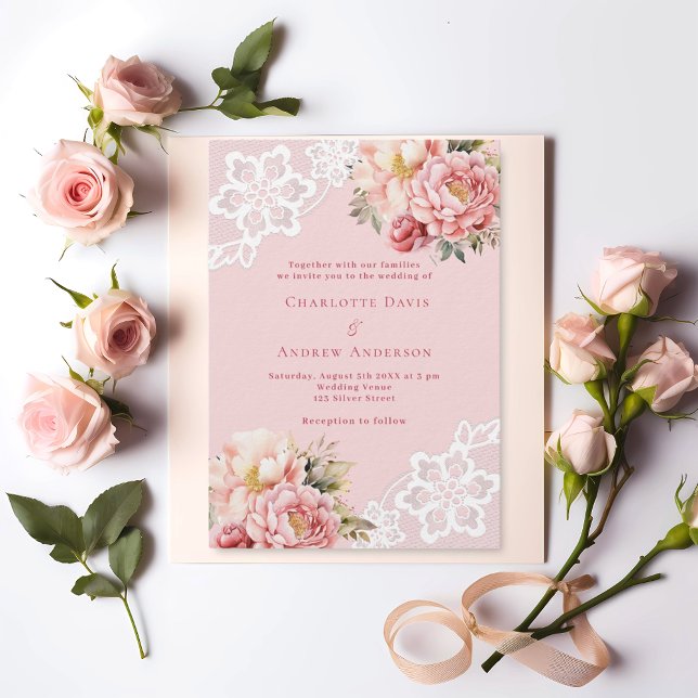 Invitation Fleurs roses blanc dentelle mariage premium (Créateur téléchargé)