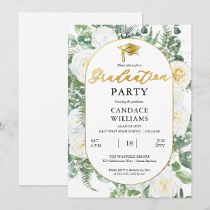 Invitation Fleurs Roses Blanches Cadre Doré Fête de Remise de