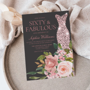 Invitation Fleurs roses blanches en or rose 60e anniversaire