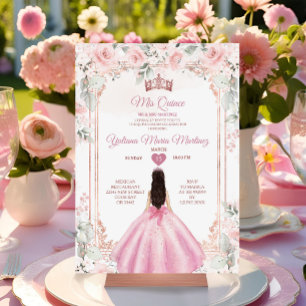 Invitation Fleurs roses blanches et Rose Couronne or Mis Quin