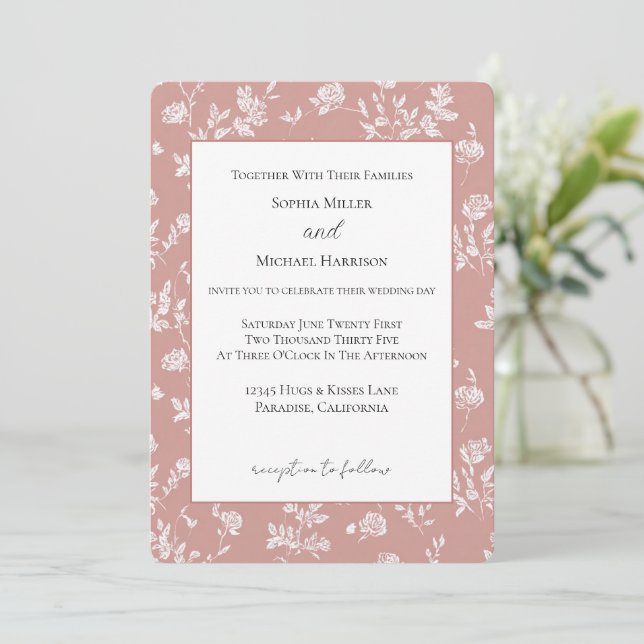 Invitation Fleurs Roses Blanches Mariage (Debout devant)