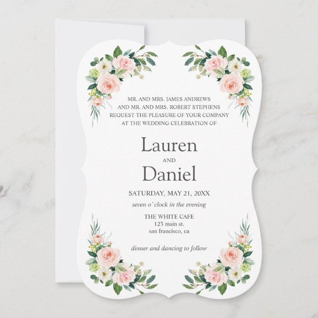Invitation Fleurs roses blanches modernes mariage de libellé  (Devant)