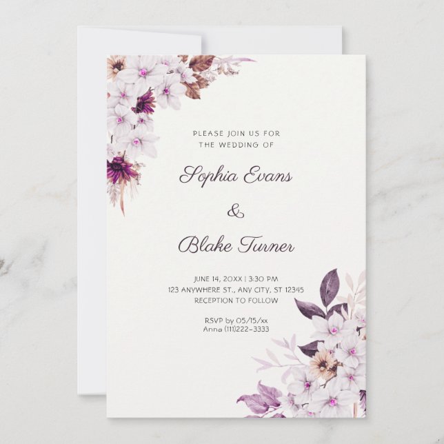 Invitation Fleurs Roses Blanches Rustiques Bohème Mariage Bla (Devant)