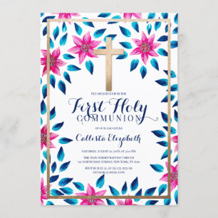 Invitation Fleurs Roses Bleues Feuilles Croix d'or Communion