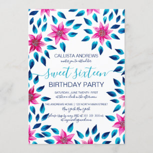 Invitation Fleurs Roses Bleues Feuilles Paint Acrylique Douce