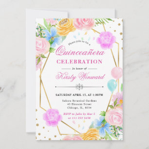 Invitation Fleurs roses bleues jaunes Cadre doré Quinceanera