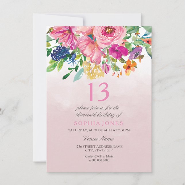 Invitation Fleurs Roses Blush Filles 12e 13e anniversaire (Devant)