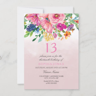 Invitation Fleurs Roses Blush Filles 12e 13e anniversaire