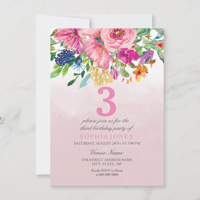 Invitation Fleurs Roses Blush Filles Enfants Fête d'anniversa (Devant)