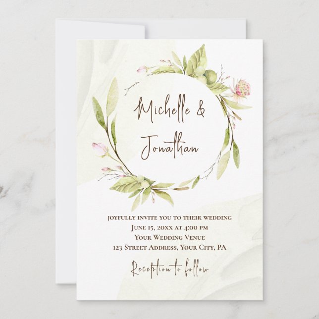 Invitation Fleurs Roses Blush Verdure Mariage chrétien (Devant)