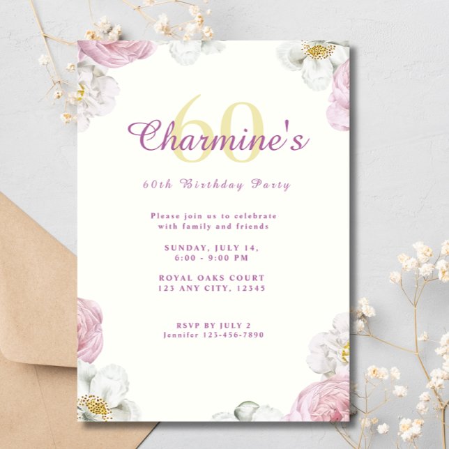 Invitation Fleurs roses Boho Élégante 60e fête d'anniversaire (Créateur téléchargé)