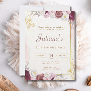 Invitation Fleurs roses Boho Élégante fête du 50e anniversair