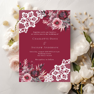 Invitation Fleurs roses bordeaux blanc dentelle mariage premi