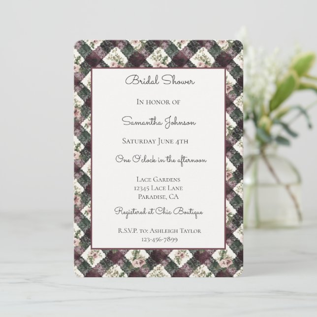 Invitation Fleurs roses bordeaux noir dentelle de mariage  (Debout devant)