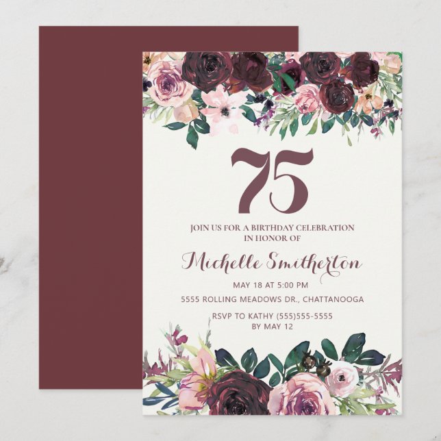 Invitation Fleurs roses Bourgogne 75e anniversaire (Devant / Derrière)