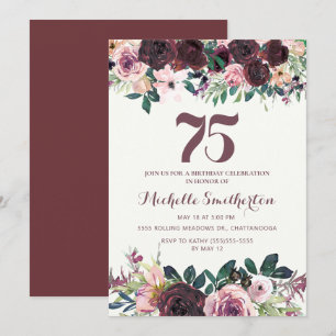 Invitation Fleurs roses Bourgogne 75e anniversaire