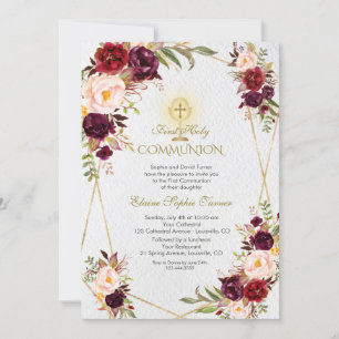 Invitation Fleurs roses Bourgogne Or Première Communion Saint