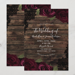 Invitation Fleurs Roses Bourgogne Sombre Bois Mariage Dentell