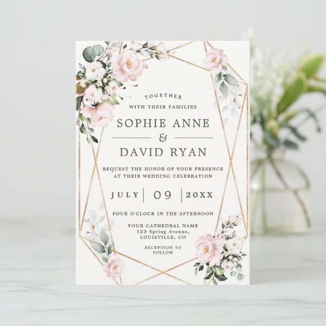 Invitation Fleurs roses Cadre Or Tout en un Mariage (Debout devant)