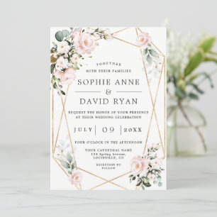 Invitation Fleurs roses Cadre Or Tout en un Mariage