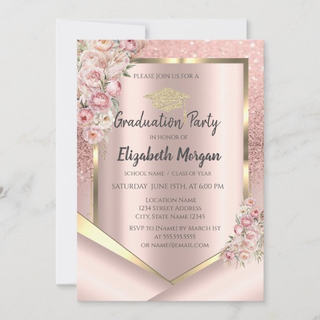 Invitation Fleurs roses Cadre Rose Gold Parties scintillant G (Devant)