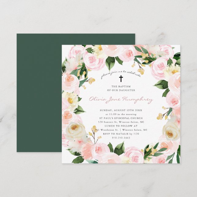 Invitation Fleurs roses carmin | Floral Baptême de printemps  (Devant / Derrière)