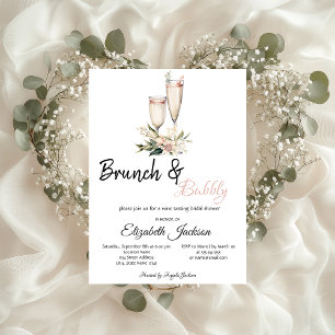 Invitation Fleurs roses Champagne Glass Brunch & Bubbly