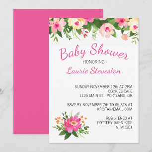 Invitation Fleurs roses chaudes et vertes Baby shower floral