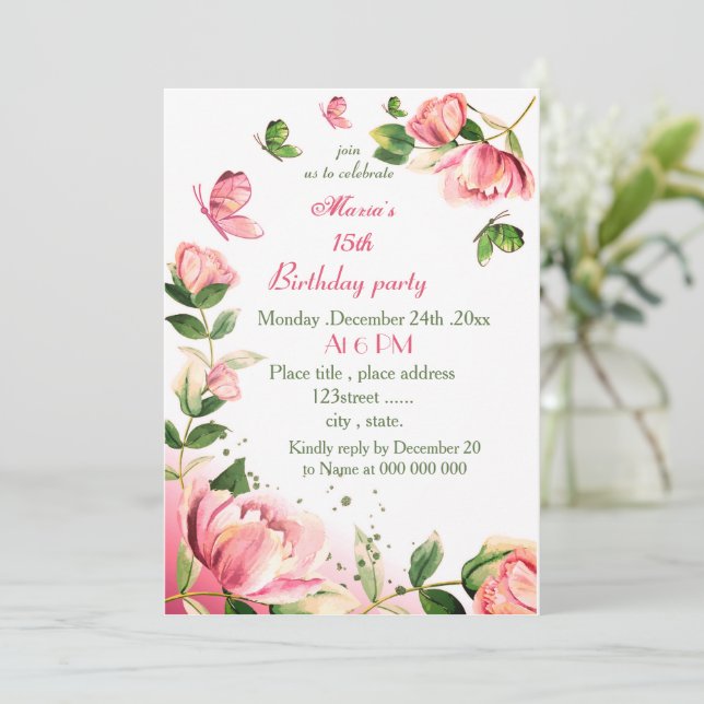 Invitation Fleurs roses chaudes papillons feuille fête d'anni (Debout devant)