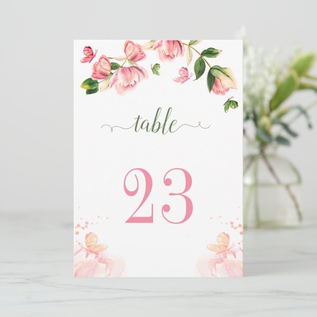 Invitation fleurs roses chaudes verdure papillons numéro de t (Debout devant)