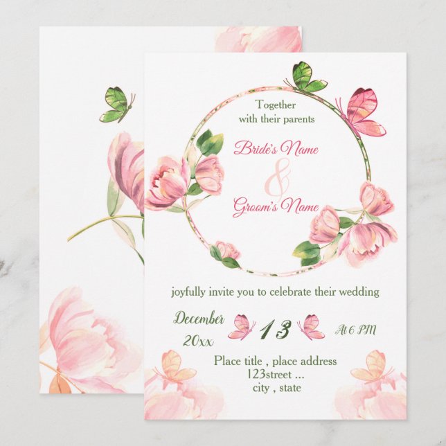 Invitation fleurs roses chaudes vert feuille papillons mariag (Devant / Derrière)