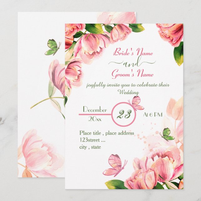 Invitation fleurs roses chaudes vert feuille papillons mariag (Devant / Derrière)
