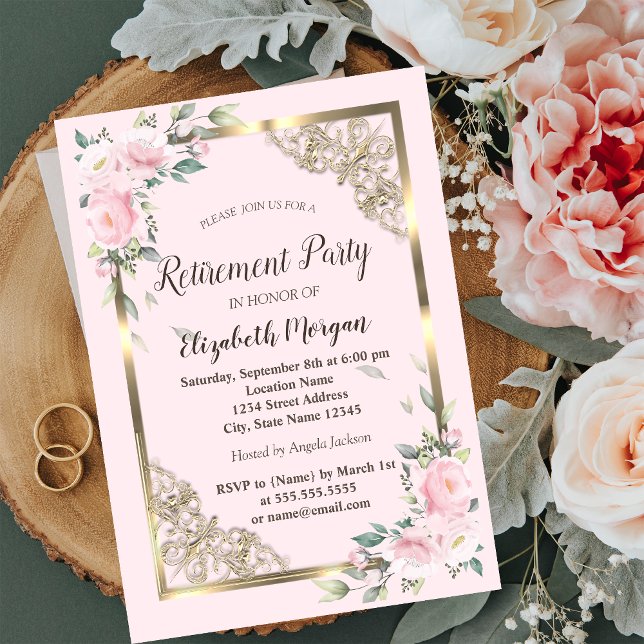 Invitation Fleurs roses chic cadre doré retraite (Créateur téléchargé)