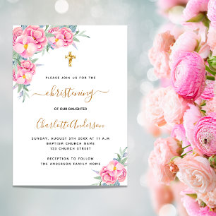 Invitation Fleurs roses Christening fille or rose