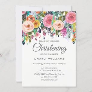 Invitation Fleurs roses colorées Christening baptism invitati