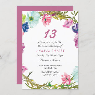 Invitation Fleurs roses colorées Filles 13e fête d'anniversai