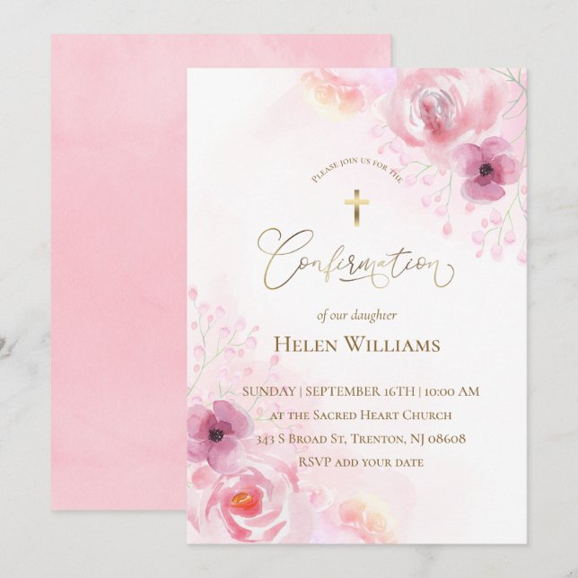Invitation Fleurs roses | Confirmations (Devant / Derrière)