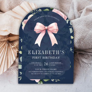 Invitation Fleurs roses coquette noeud papillon bleu marine P