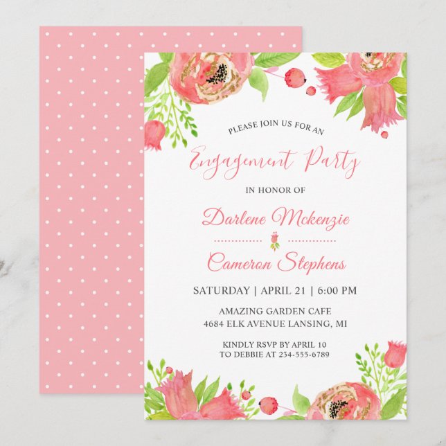 Invitation Fleurs roses corail Spring Garden Engagement (Devant / Derrière)