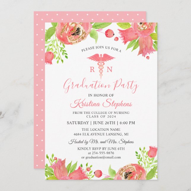 Invitation Fleurs roses coraux Soins infirmiers (Devant / Derrière)