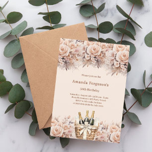 Invitation Fleurs roses crème beige boho anniversaire de luxe
