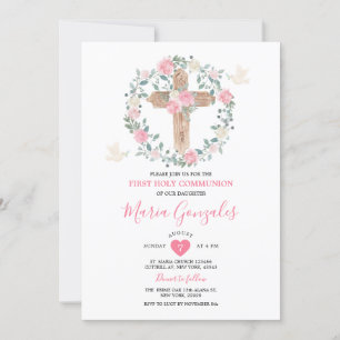 Invitation Fleurs roses croisées Fille première sainte commun